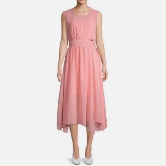 Caara Dresses & Skirts - NWT Caara Clara Side Buckle Pink Handkerchief Hem Wrap Midi Dress Size Medium